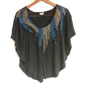 Free People sz s black asymmetrical top boho bling